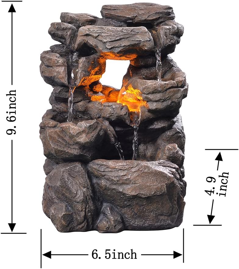 Haobos Cascading Indoor Tabletop Water Fountains with LED Light - Rockery Waterfall Fountain - Quiet and Relaxing Water Sound - Small 9.7 Inch Desktop Size - Home/Office Decor - Image 5